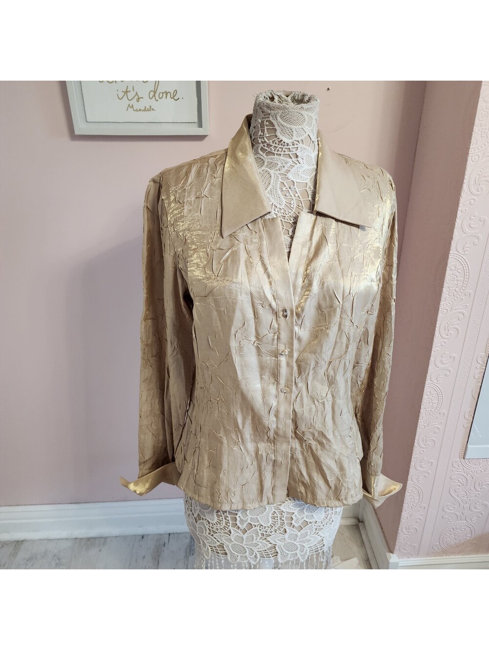 Vintage Ronnie Nicole by Ouida Gold Metallic Crinkle Blouse Shirt Large flawless